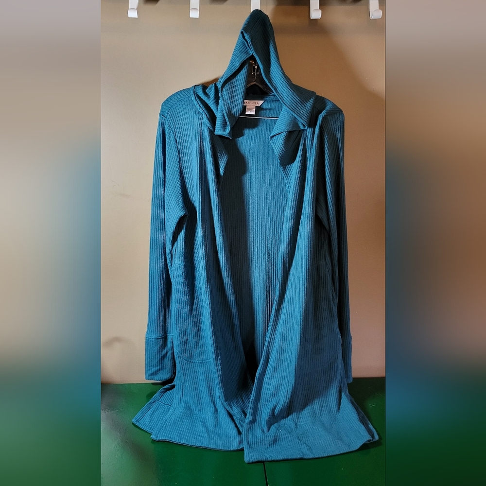 Athleta Small Relaxed Fit Hooded Open Cardigin Rayon Ribbed Thumb Holes, Pockets